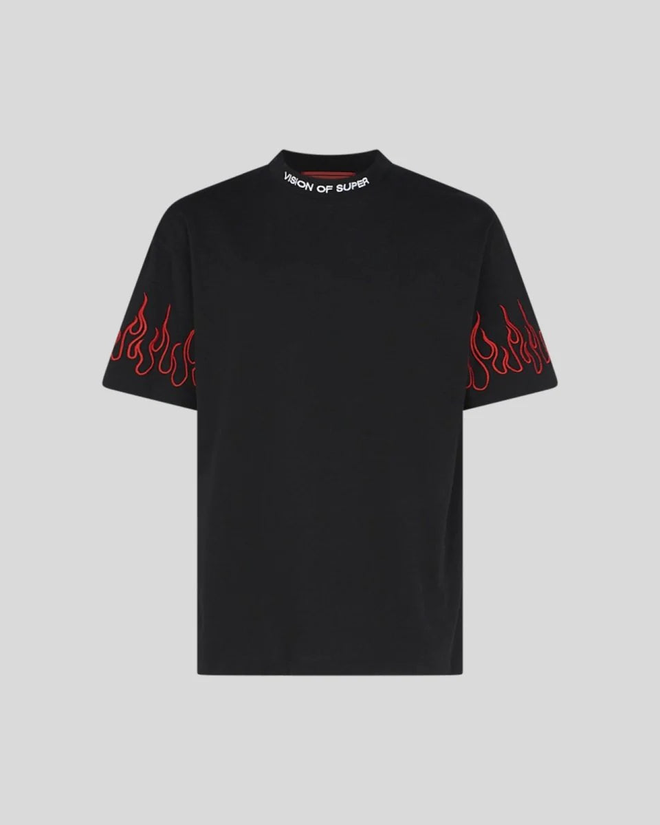 T-Shirt nera con fiamme ricamate rosse