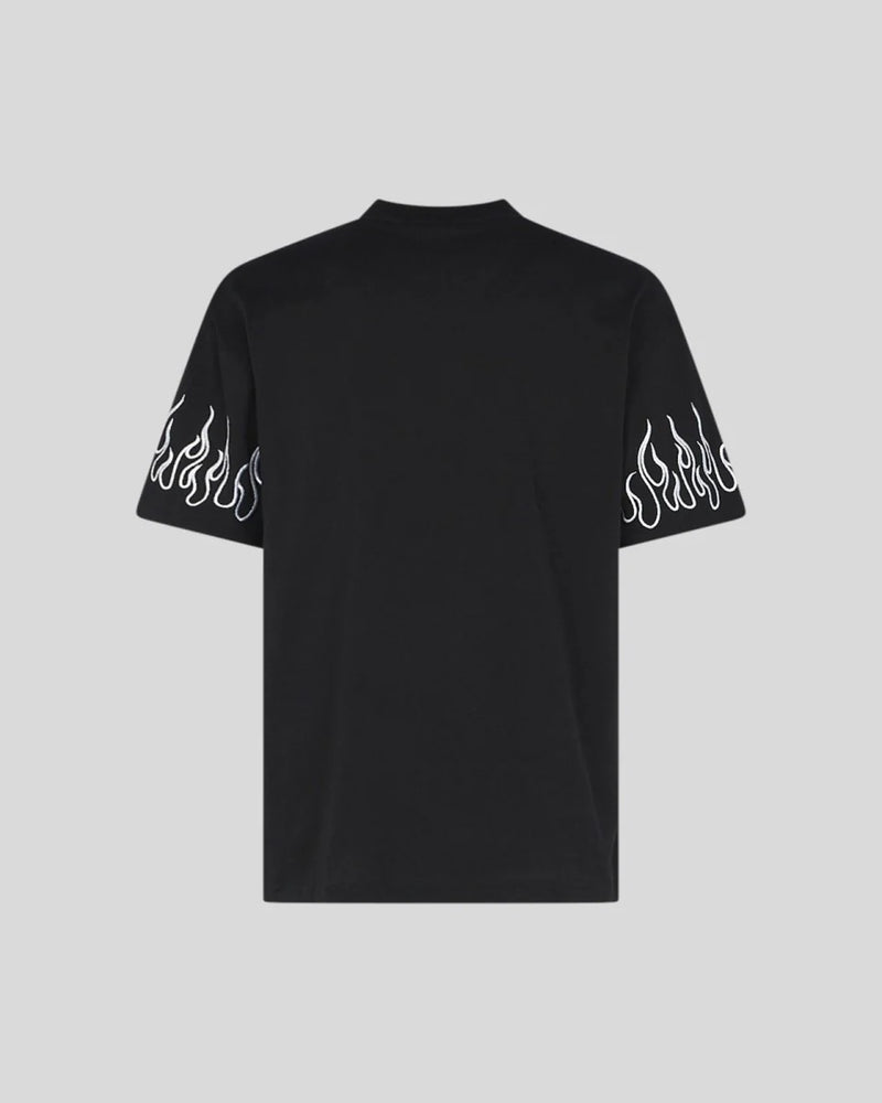 T-Shirt nera con fiamme ricamate bianche