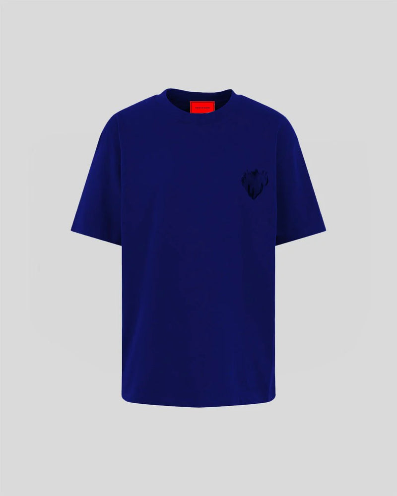 T-Shirt blu con cuore fiammeggiante ricamato