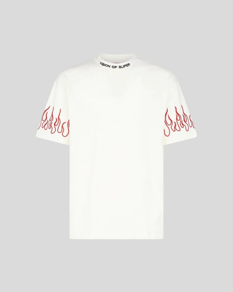 Vision Of Super T-Shirt bianca con fiamme ricamate rosse