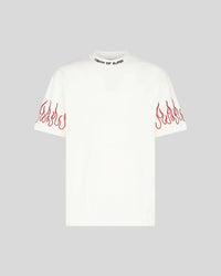 T-Shirt bianca con fiamme ricamate rosse