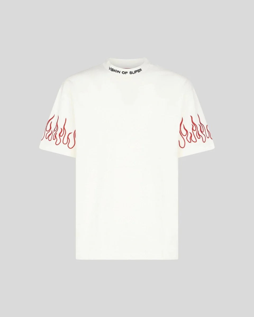 T-Shirt bianca con fiamme ricamate rosse