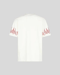 T-Shirt bianca con fiamme ricamate rosse